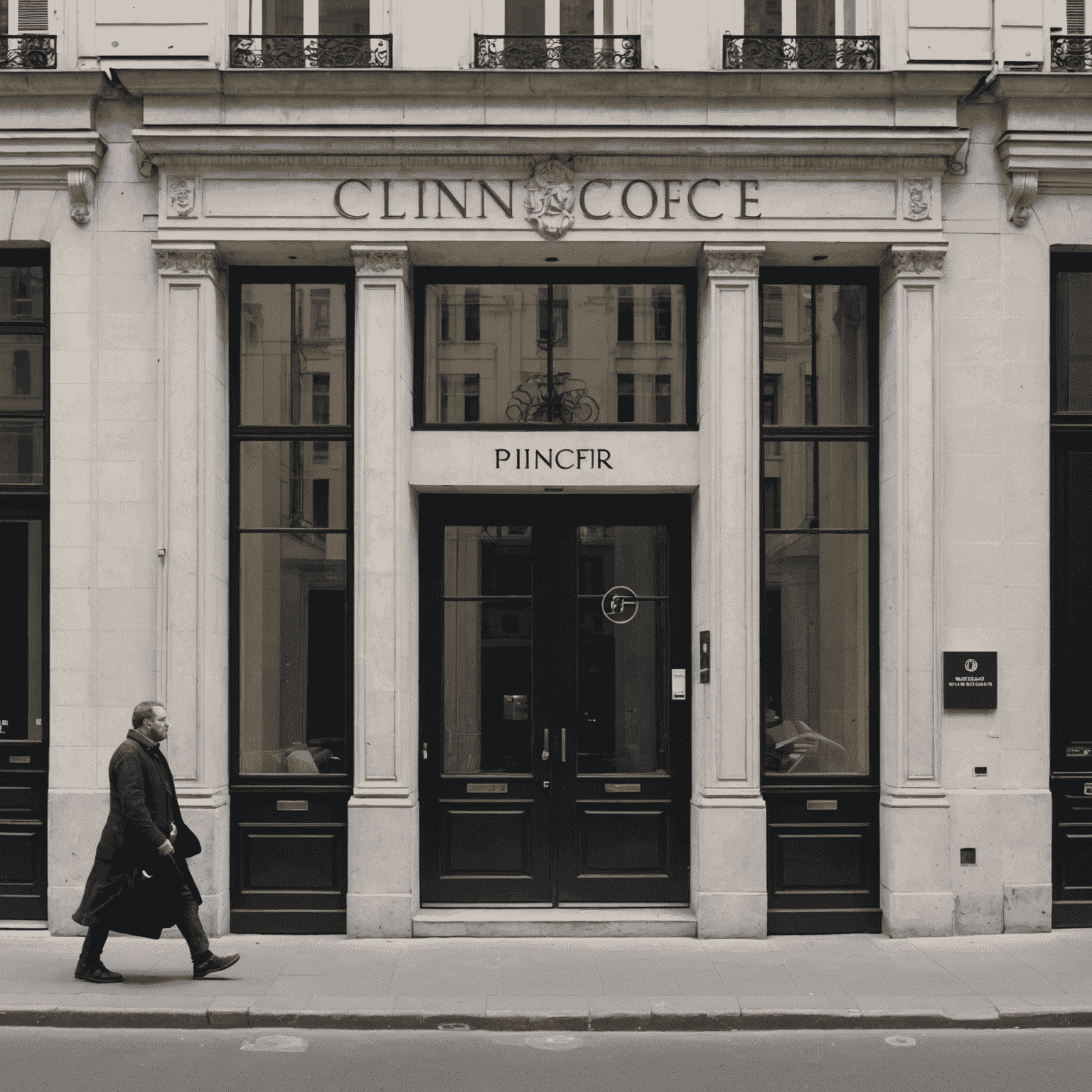 Vue extérieure du bureau moderne de plincocfr situé dans un immeuble haussmannien typique de Paris, avec une façade élégante et des fenêtres à guillotine. L'entrée est marquée par une porte vitrée sobre avec le logo de l'entreprise.