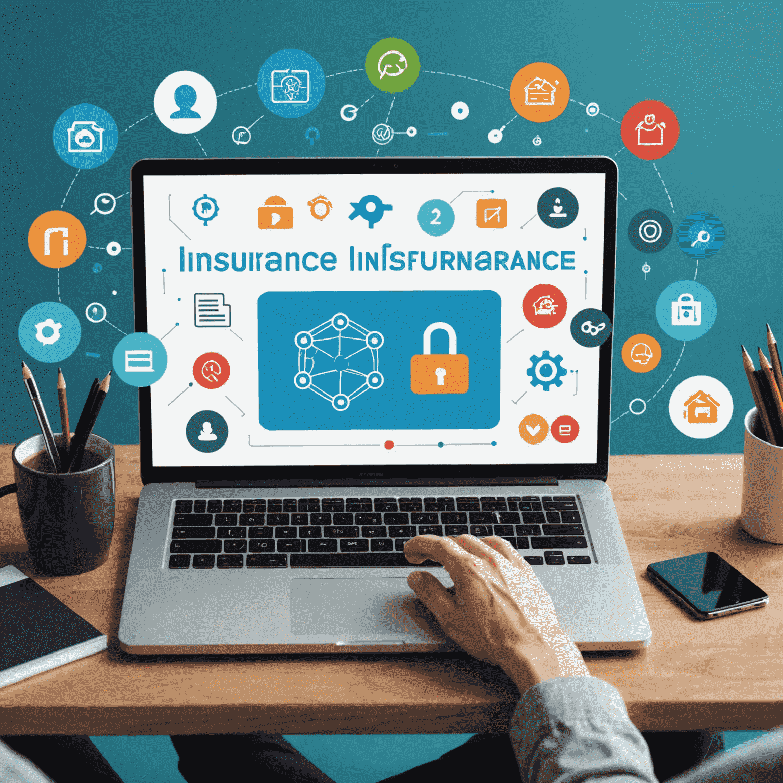 Image représentant une personne utilisant un ordinateur portable pour rechercher des informations sur l'assurance en ligne, avec des icônes d'assurance flottant autour de l'écran