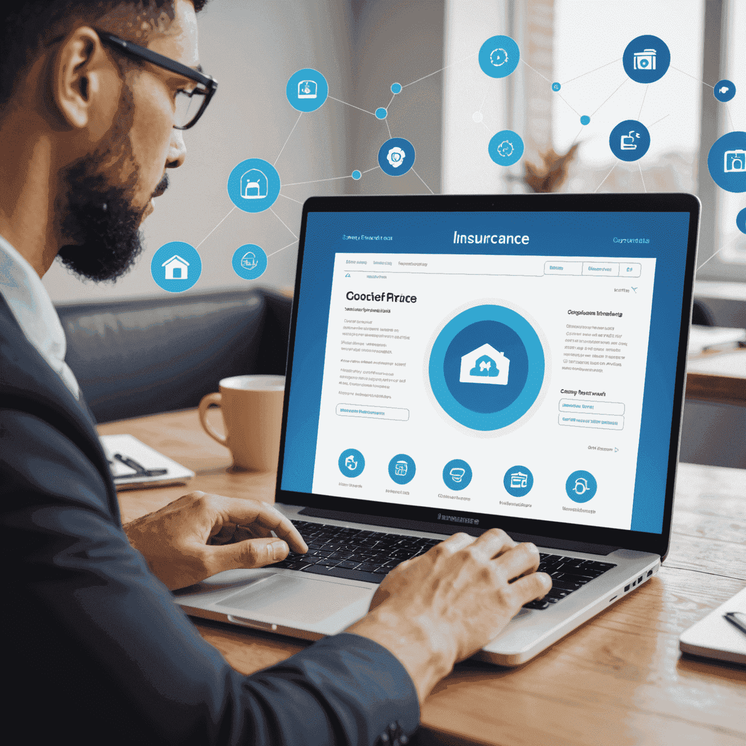 Une personne utilisant un ordinateur portable pour souscrire une assurance en ligne, avec des icônes d'assurance flottant autour de l'écran