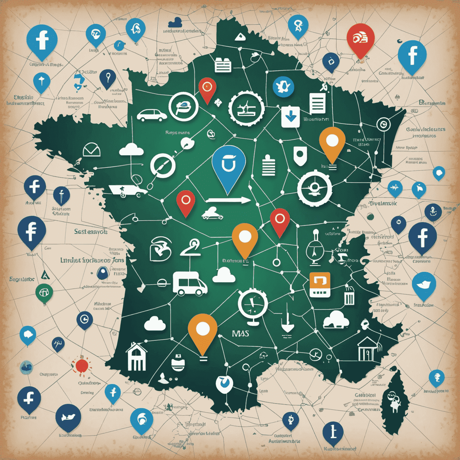 Image représentant des icônes technologiques superposées à une carte de la France, symbolisant la transformation numérique de l'industrie de l'assurance