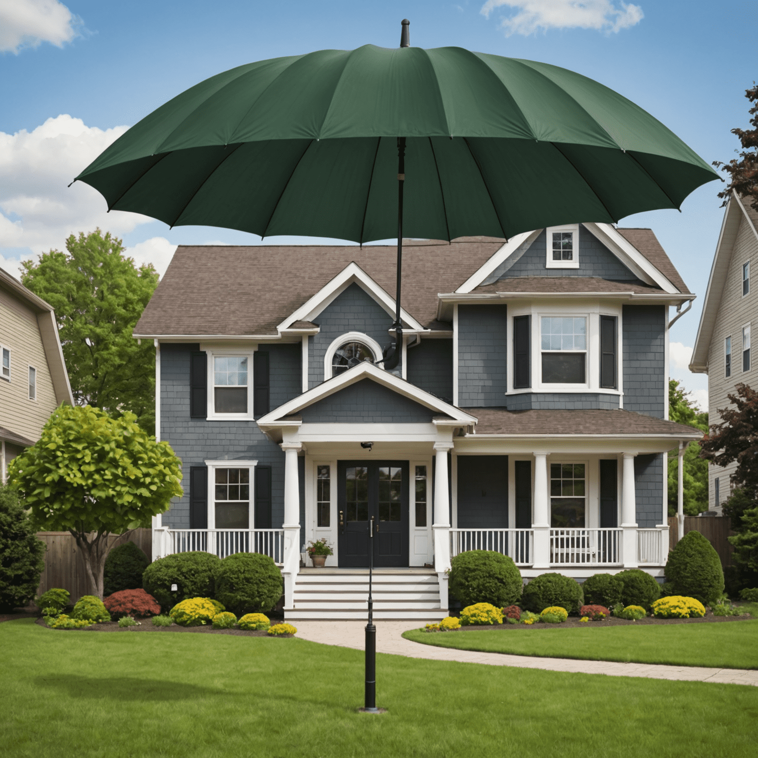 Une maison protégée par un parapluie géant, illustrant la couverture de l'assurance habitation