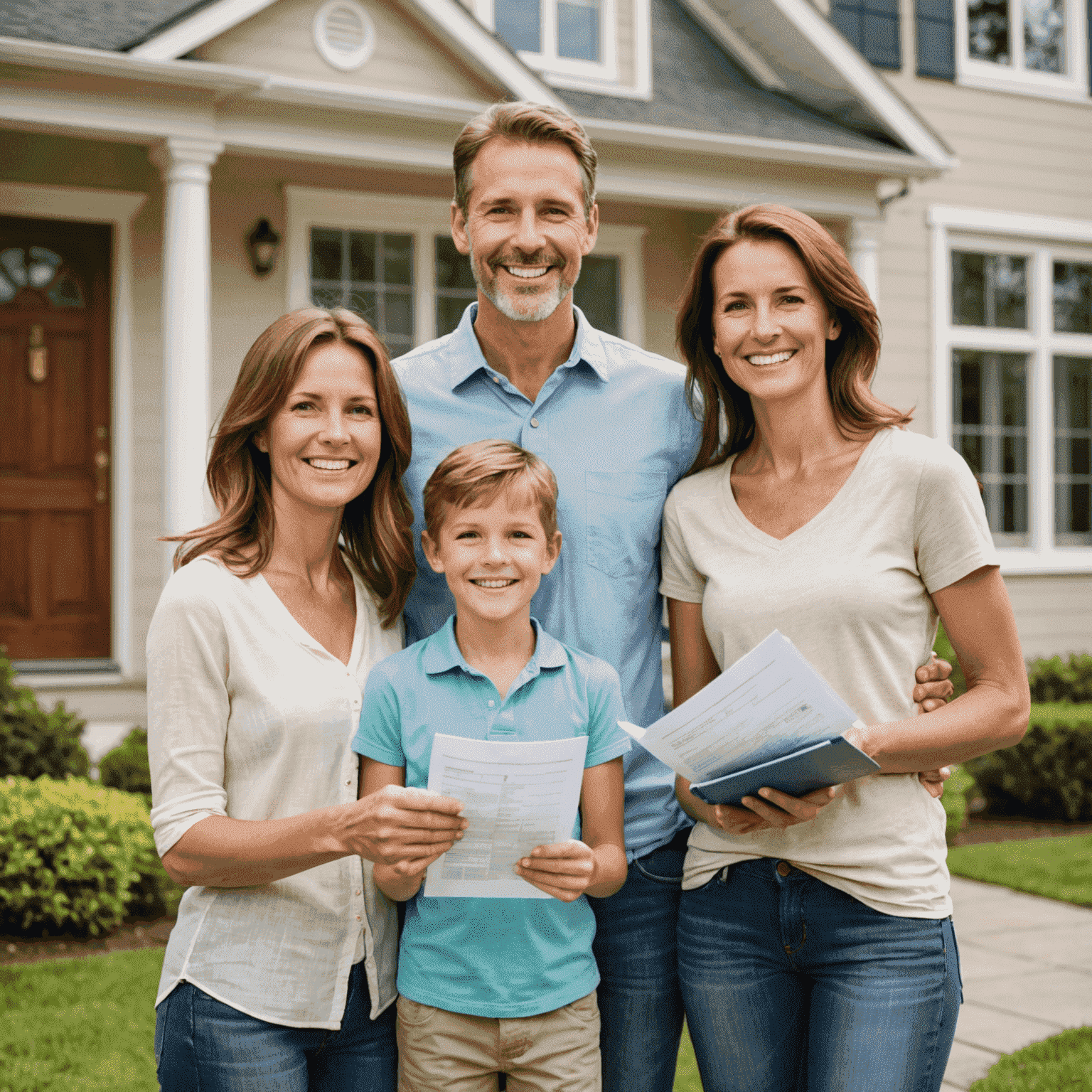 Une famille souriante devant leur maison, tenant des documents d'assurance, symbolisant la tranquillité d'esprit apportée par une bonne couverture