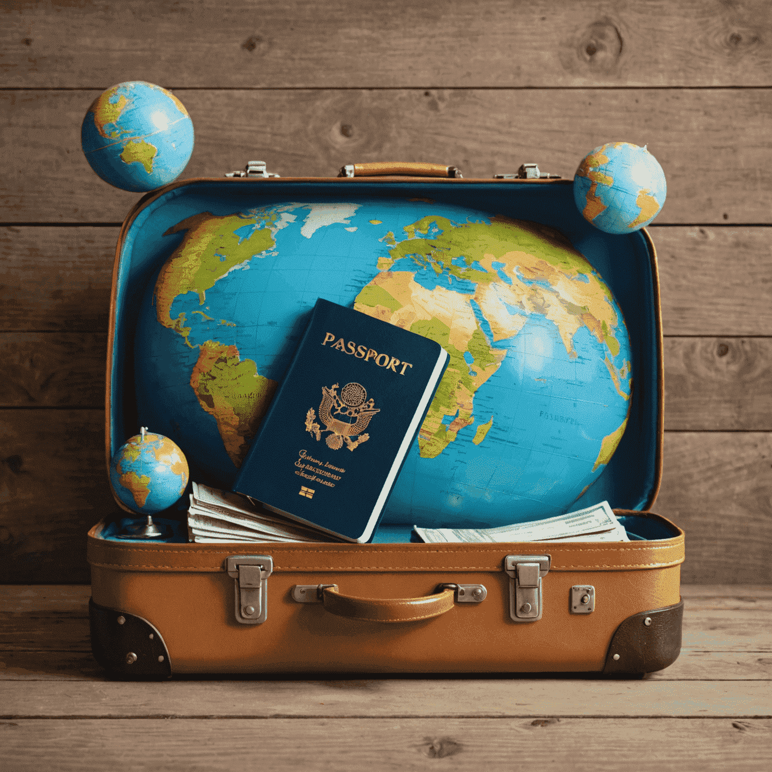 Une valise avec un passeport et un globe terrestre, symbolisant l'assurance voyage